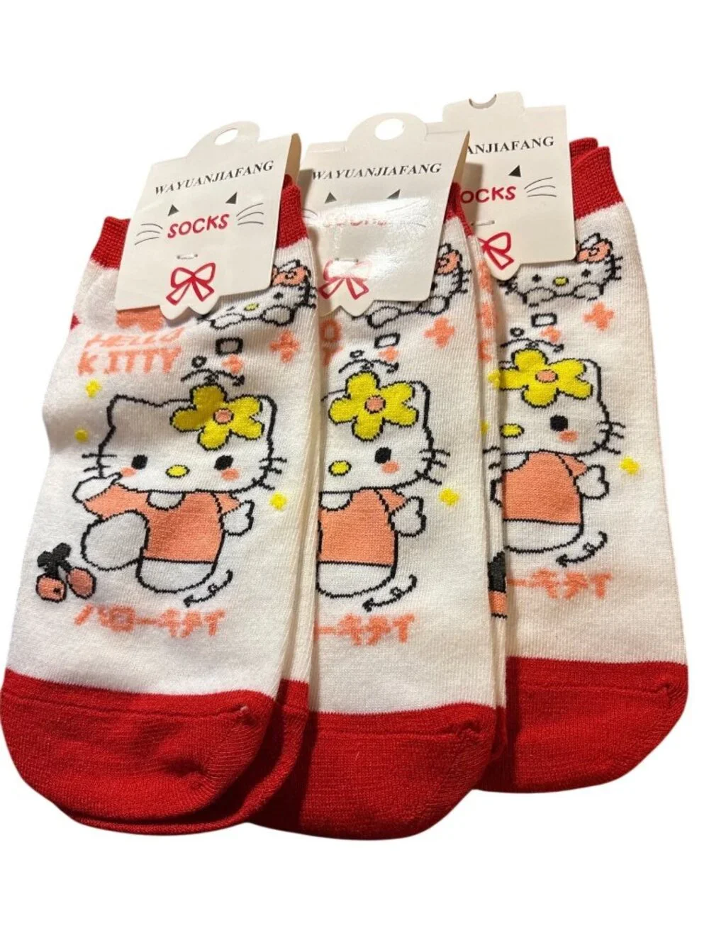 Womens Hello Kitty Ankle Socks Red & White Size 35-41 Cotton & Polyester Blend
